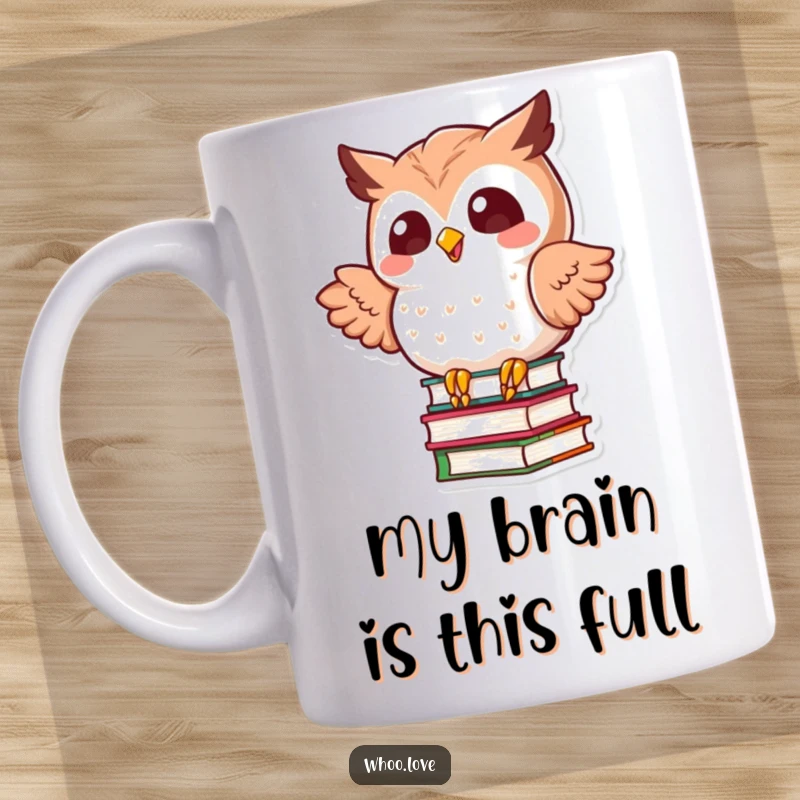 Funny kawaii owl in a dynamic pose, precariously balancing a tall stack of books, looking stressed but cute on a coffee mug.