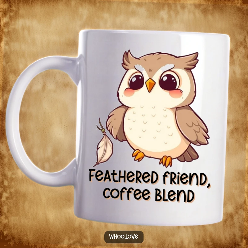 Funny Kawaii owl mug, joyfully leaping to catch a delicate falling feather with a wide, excited grin. Perfect gift for owl lovers.