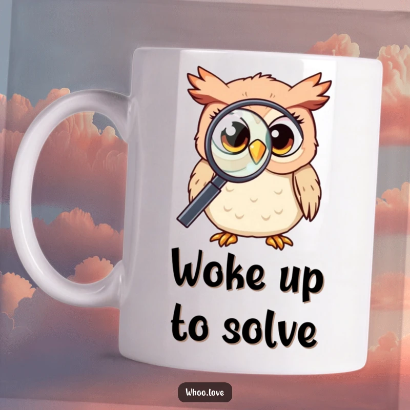 Funny Kawaii owl with wide, curious eyes, peering intently through a magnifying glass, looking for clues, a charming investigator, perfect funny gift.