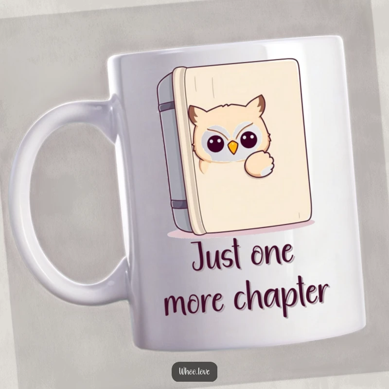 Funny kawaii owl mug peeking playfully from behind a massive book, showcasing its curious and bookish personality with wide eyes.