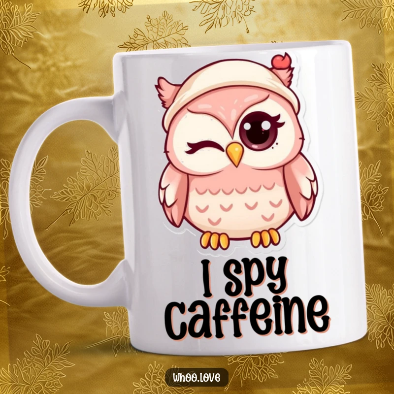 Funny kawaii owl winking with its large eye, wearing a tiny, stylish hat, on a cute and humorous coffee mug.