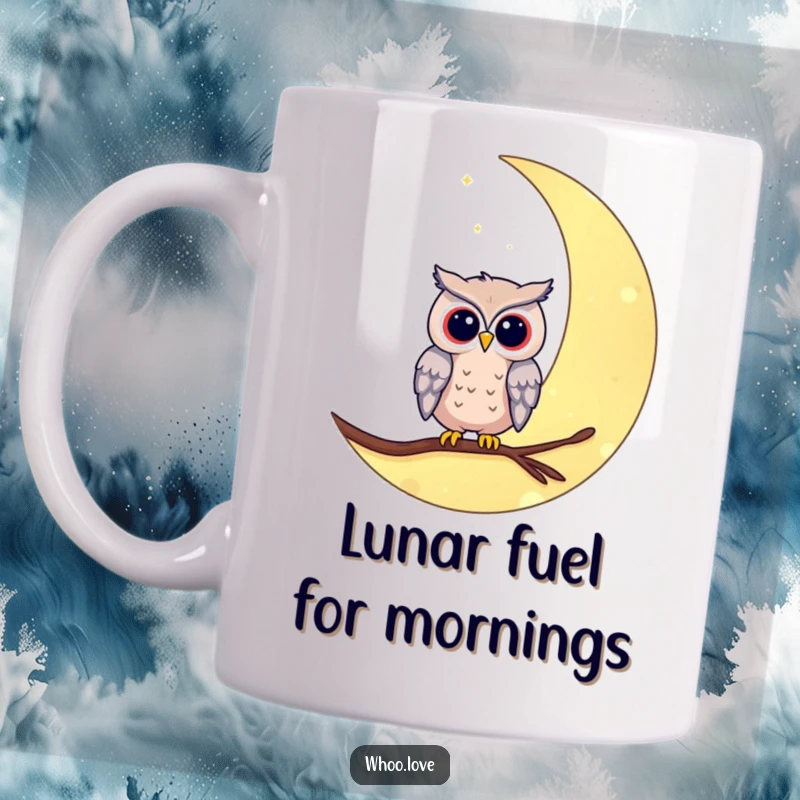 Funny moon owl mug showing a cute owl resting peacefully on a crescent moon. Ideal for lovers of nocturnal creatures and gentle humor.