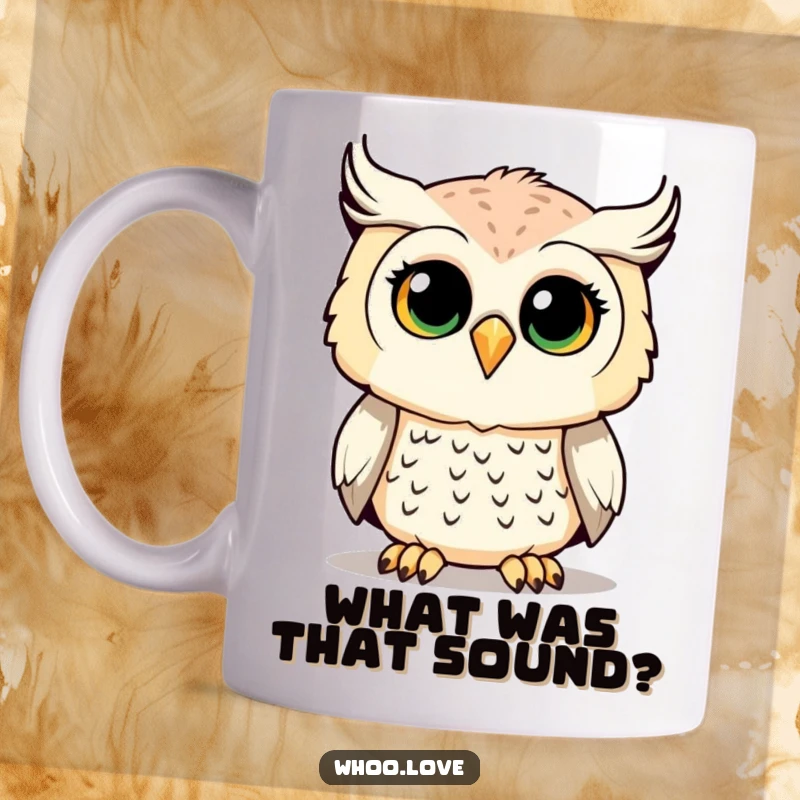 Funny Owl Mug featuring a cute owl tilting its head with curiosity, perfect for bird watchers and humor enthusiasts.
