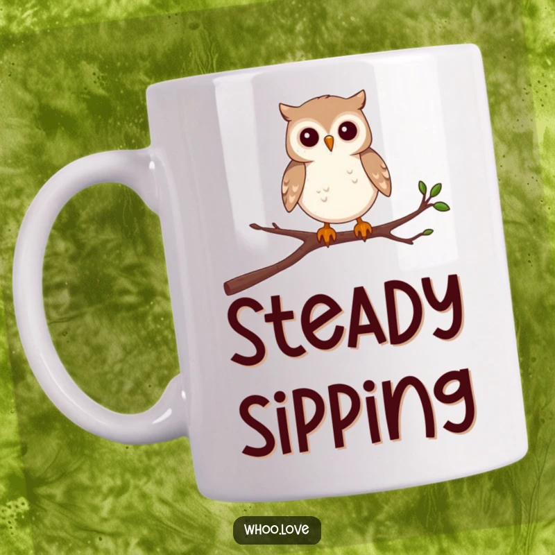 Funny mug featuring a determined small owl character precariously balancing on a single, unsteady branch.