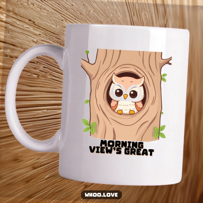 Funny mug with an owl playfully peeking out from a hole in a tree, looking curious and sweet.
