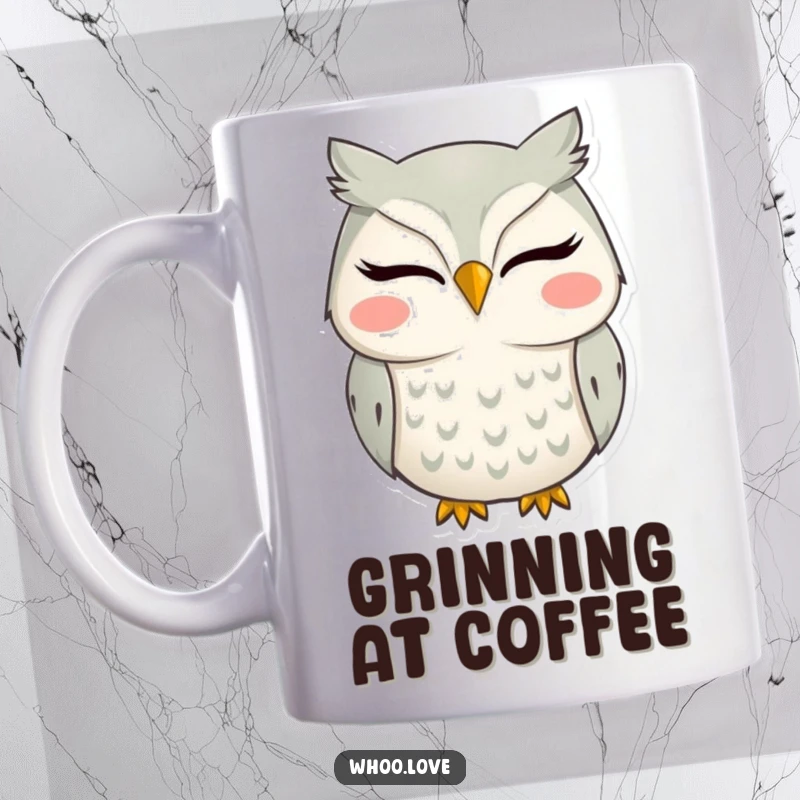 Funny mug with an owl showing a very wide, silly, happy smile, radiating pure joy.