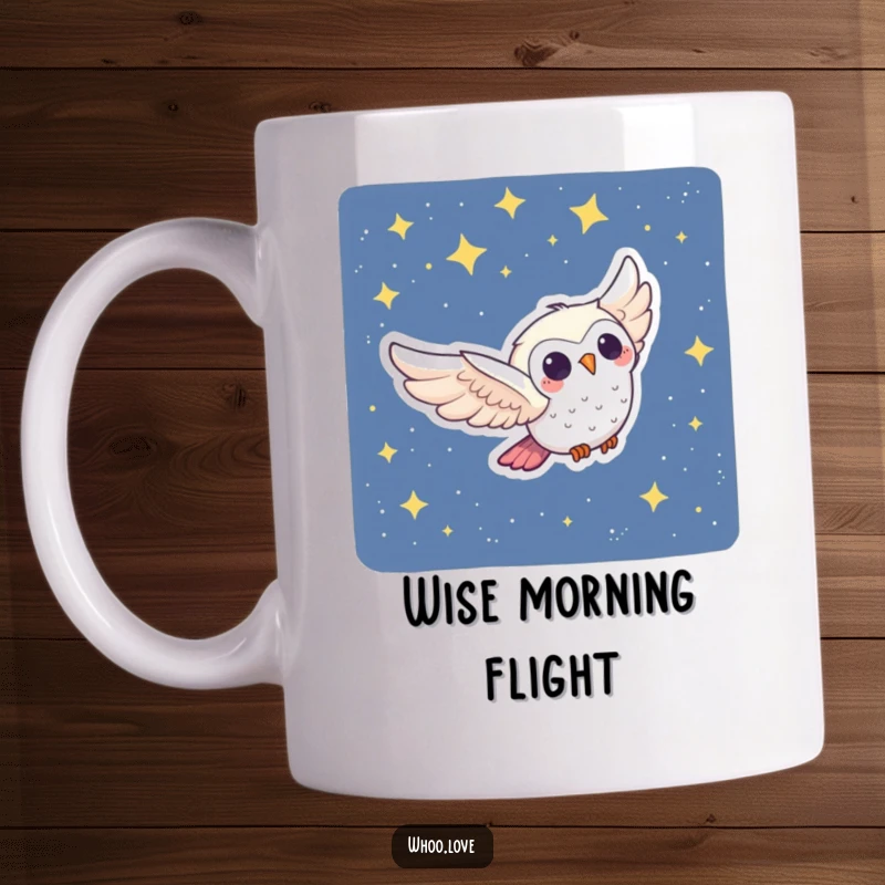 Funny Owl Mug: A joyful owl character swooping through a starry night sky, bringing whimsy and humor to your drink.