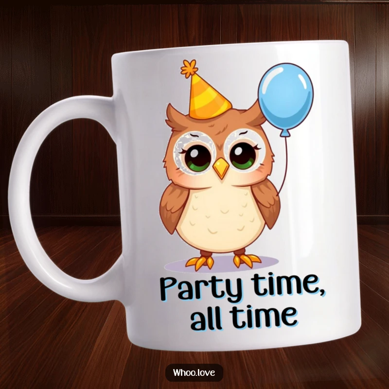 Funny party owl mug showing an owl wearing a crooked party hat and holding a balloon, embodying festive cheer and humorous celebration.