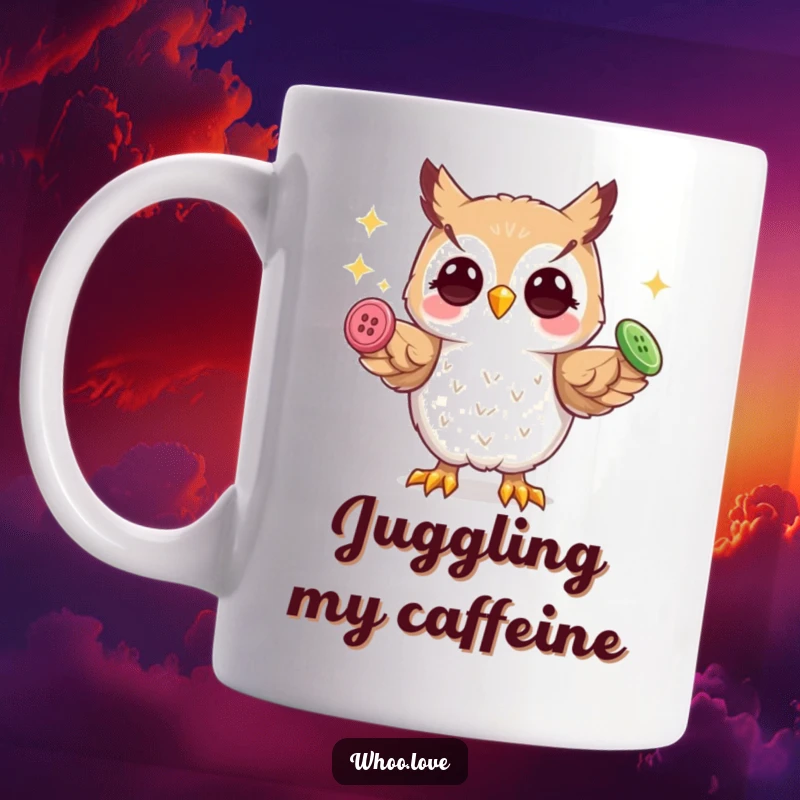 Funny playful owl mug, skillfully juggling three shiny buttons with its talons, showcasing a fun and talented personality.