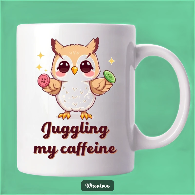 Funny Playful Owl Mug: Juggling Buttons, Whimsical Skill, Perfect Funny Gift