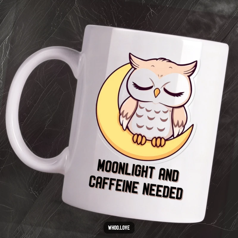 Funny sleepy owl with droopy eyes perched on a crescent moon, cute nocturnal character art, perfect funny gift for night owls.