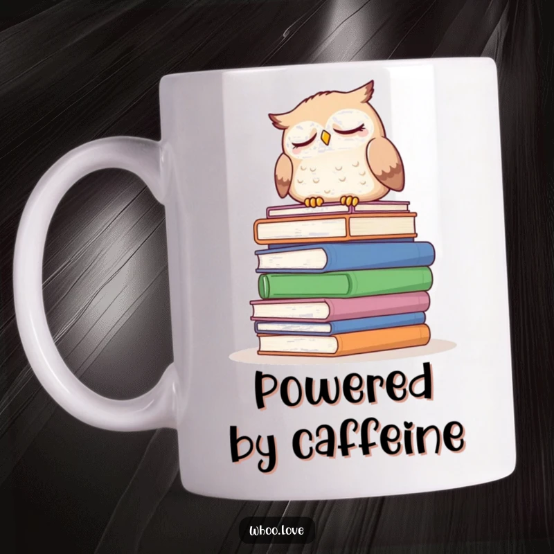 Funny sleepy owl mug showing an owl dozing on a stack of books, embodying the love for knowledge and much-needed rest, perfect for readers.