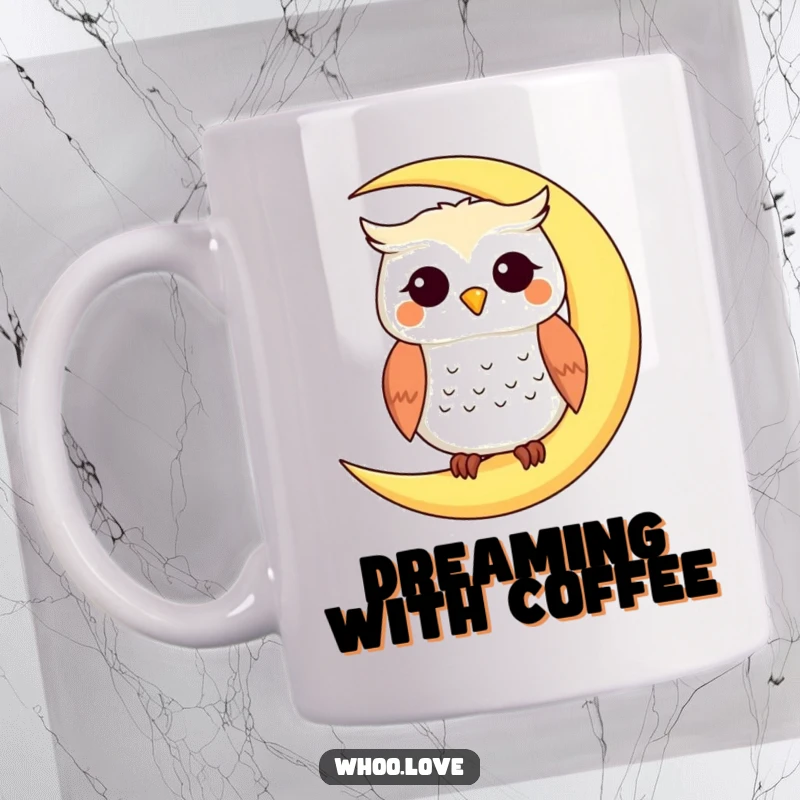 Funny mug depicting a smiling owl character peacefully perched on a glowing crescent moon, a serene funny gift.