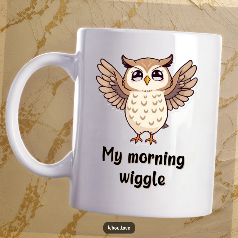 Funny striped owl mug with wings outstretched, doing a silly dance, bringing joy and laughter with its unique style.