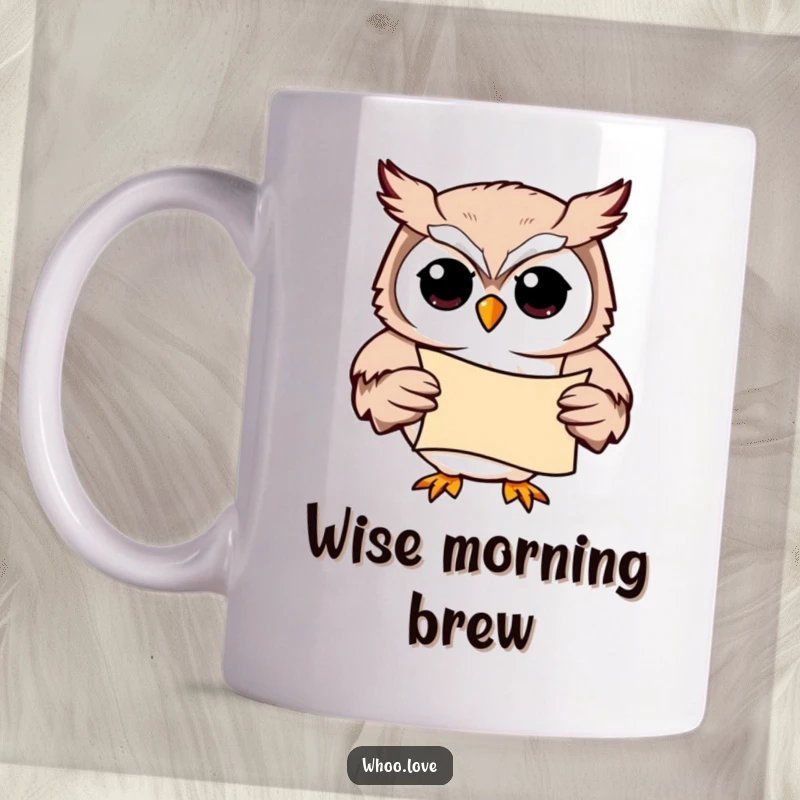 Funny Studious Owl Mug: A wise owl character holding a scroll, looking intently scholarly, conveying a love for learning.