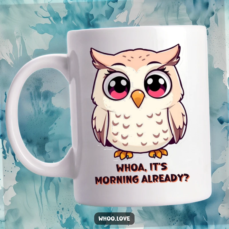 Funny surprised owl character mug, with comically wide, startled eyes, conveying instant shock and humorous disbelief.