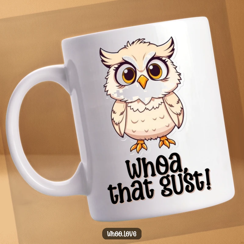 Funny mug, a surprised owl character with its feathers comically ruffled by a strong gust of wind.