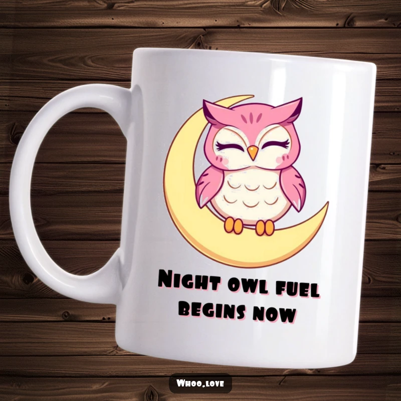 Funny owl mug with a winking character resting on a crescent moon, radiating nighttime charm and humor.