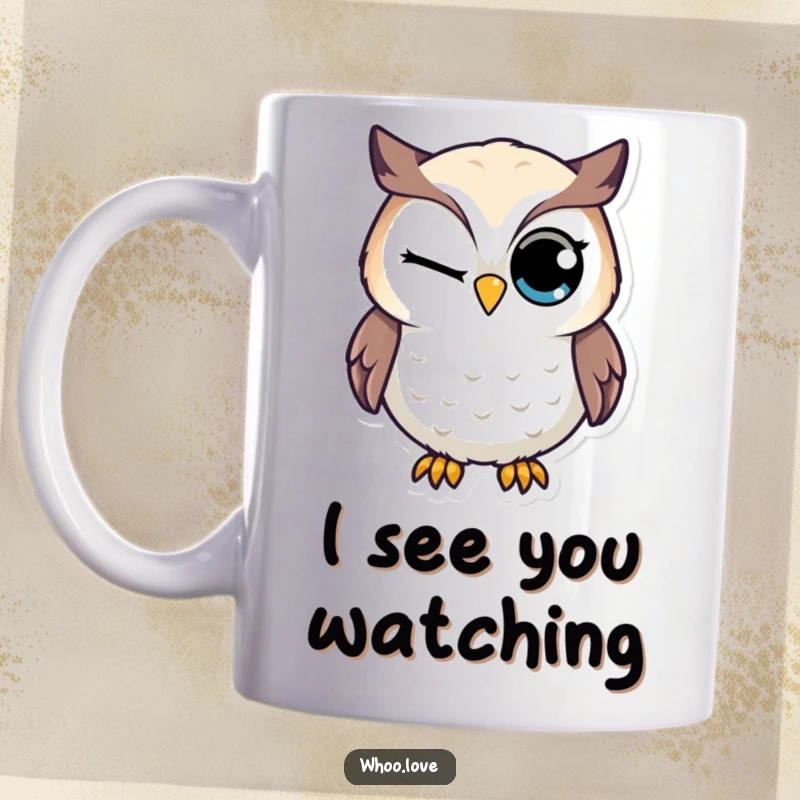 Funny mug featuring a wise owl character playfully winking its large left eye, conveying a cheeky secret.