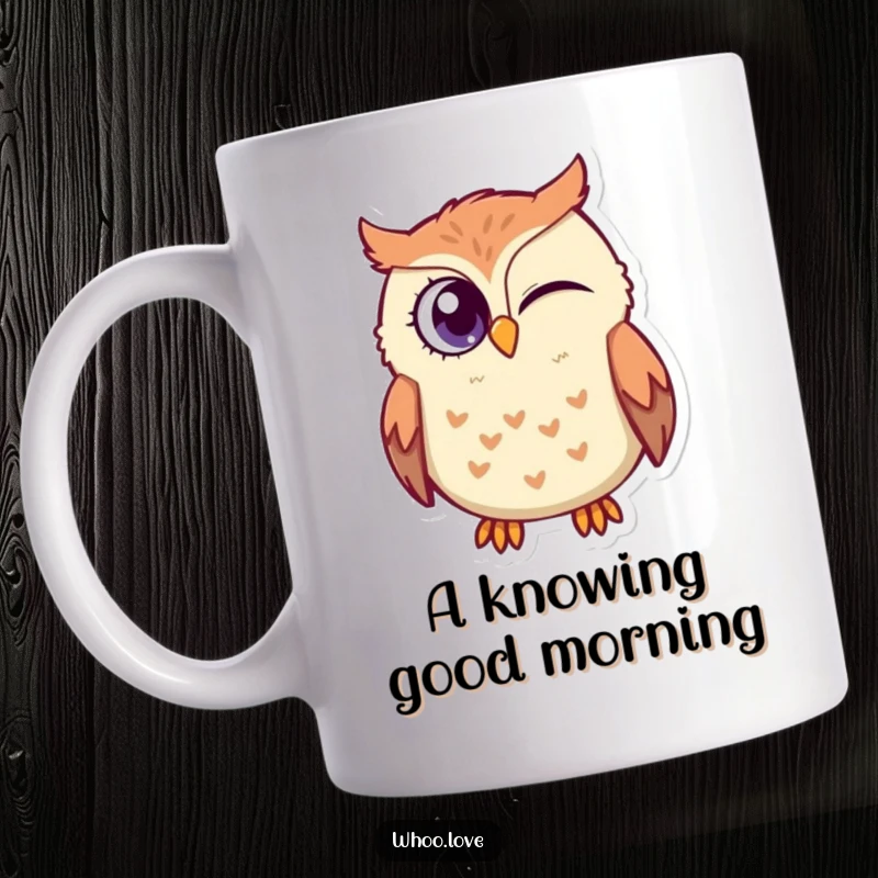 Funny Winking Owl Mug: A cheeky owl character winking with its large eye, hinting at a secret or playful shared joke.