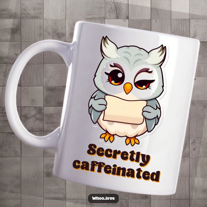 Funny owl character with a bright wink, holding a tiny scroll, mischievous secret keeper art, perfect funny gift for intelligent friends.