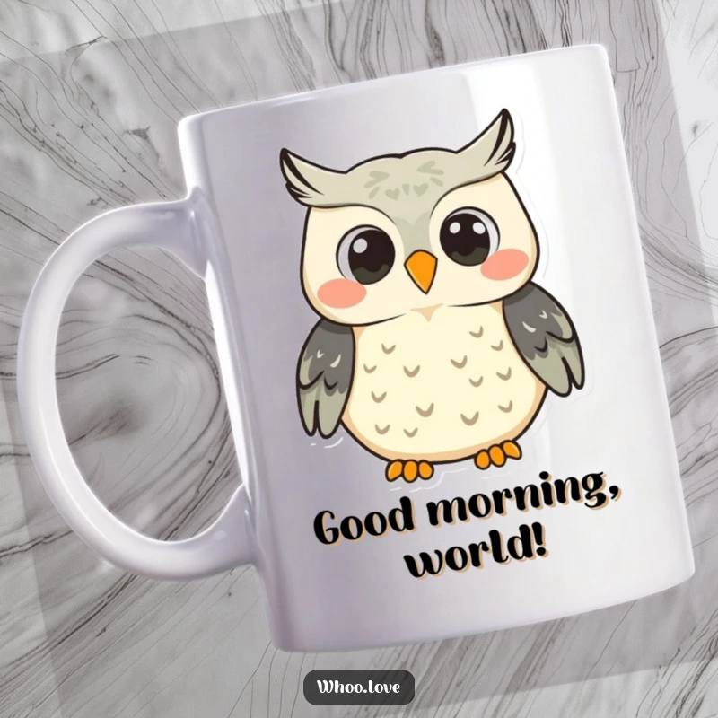 Funny smiling owl character mug, captured mid-hoot with a big, joyful smile, radiating warmth and happiness.