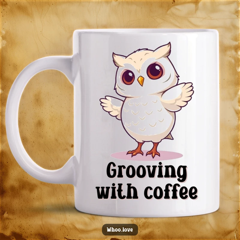 Funny mug depicting an owl character joyfully performing a silly, energetic dance step with enthusiasm.