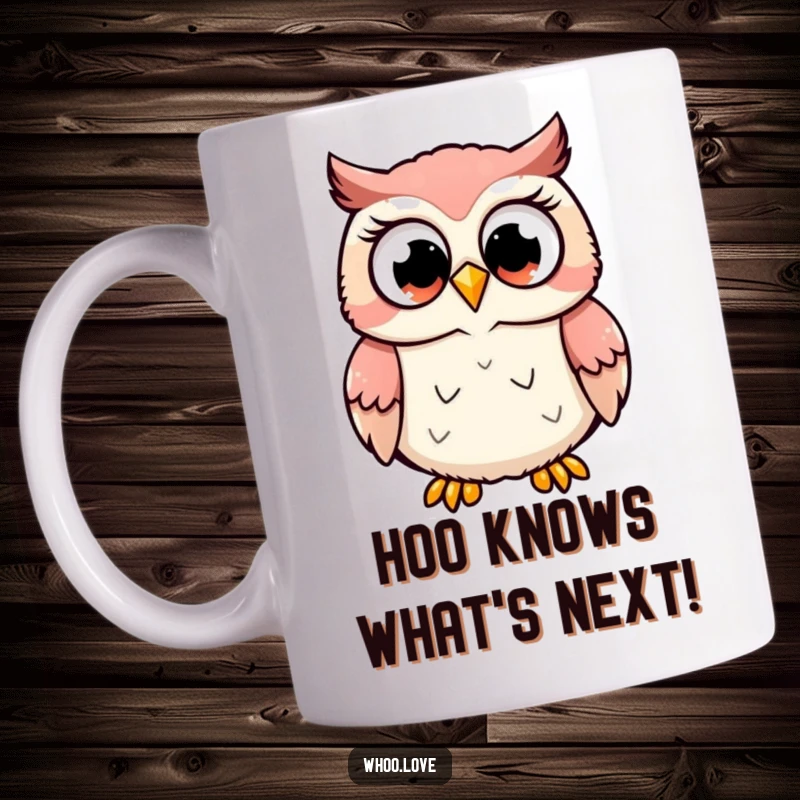 Funny mug showcasing a cute owl character hooting with huge, excited eyes, radiating pure joy and ready for a funny gift.
