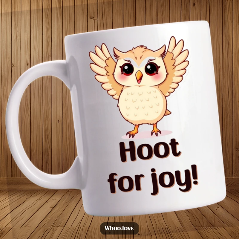 Funny mug with a kawaii owl enthusiastically performing a silly dance, wings spread wide in joyful abandon.
