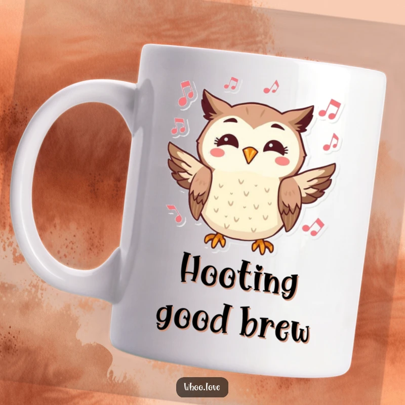 Funny mug with a cheerful owl character hooting joyfully, surrounded by floating musical notes, radiating happiness.