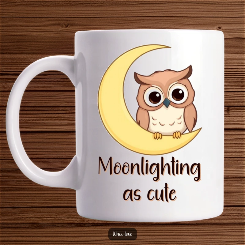 Funny mug with a comical owl, big googly eyes, peeking from behind a giant crescent moon, bringing nighttime humor.