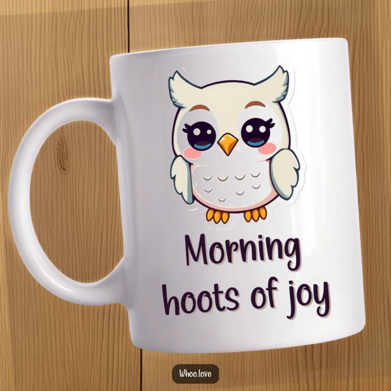 Funny Cheerful Owl Mug: A happy owl character hooting with a bright, cheerful expression, radiating pure joy and good vibes.