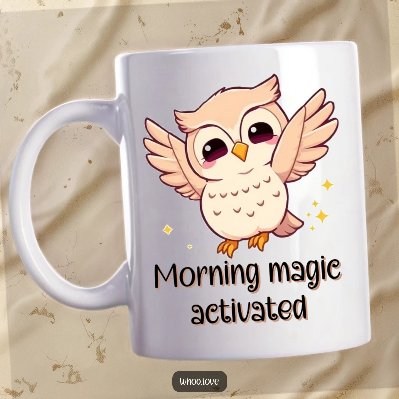 Funny joyful owl mug featuring an owl joyfully fluttering its wings and leaving a sparkly trail, perfect for spreading cheer and magic.