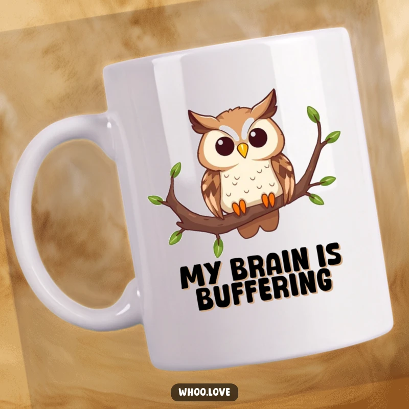 Funny owl mug featuring a curious owl perched on a branch, tilting its head in a charming, inquisitive pose, perfect for bird lovers.