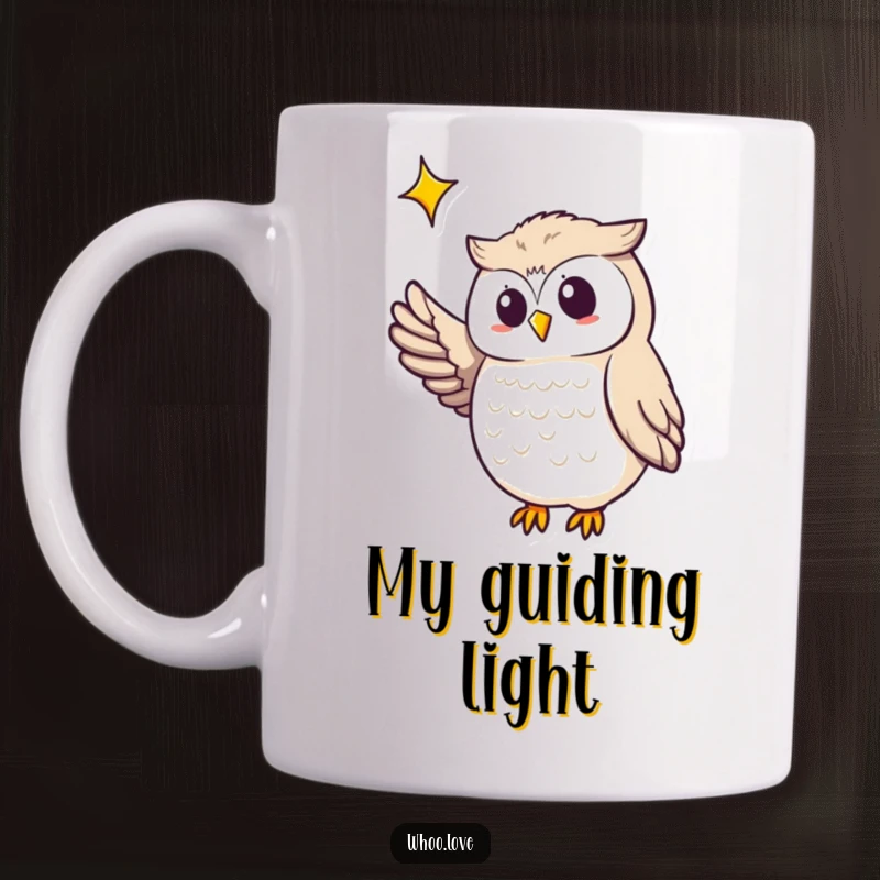 Funny owl mug with one wing outstretched, pointing a feathered finger towards a bright, twinkling star in a starry night sky.