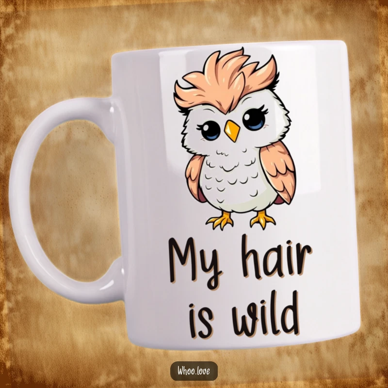 Funny silly owl with ruffled feathers, caught in a strong gust of wind, chaotic bird art, perfect funny gift for bird enthusiasts.