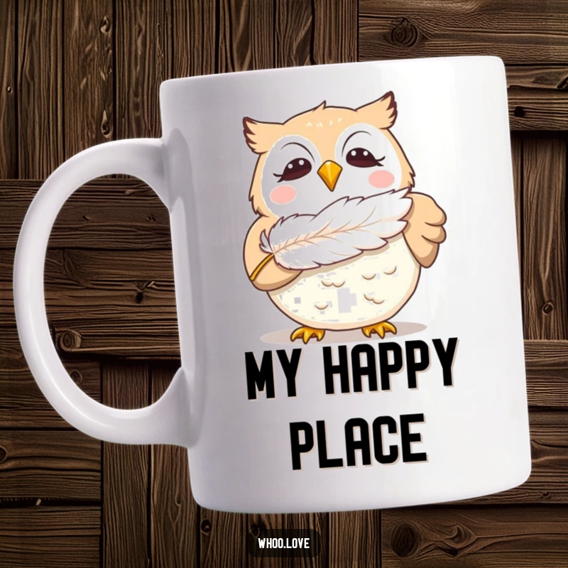 Funny giggling owl mug showing an owl delightedly blowing a feather, conveying pure joy and humor for bird lovers and pranksters.