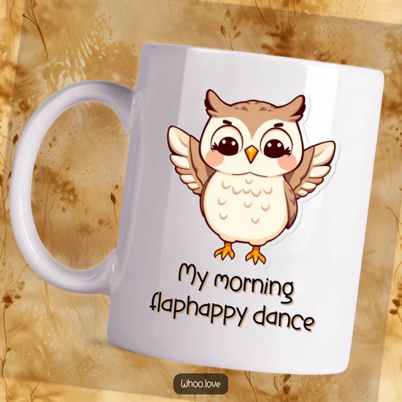 Funny Happy Owl Mug: A cheerful owl character joyfully doing a little wing shimmy, radiating pure happiness and fun.