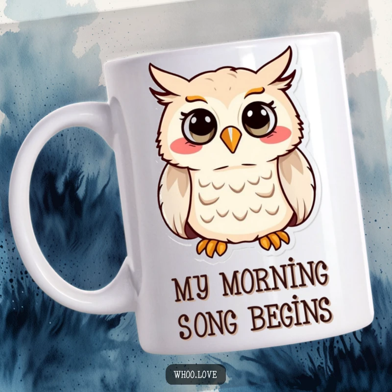Funny mug featuring a cheerful owl character mid-hoot, with wide eyes and an ecstatic smile, radiating pure joy.