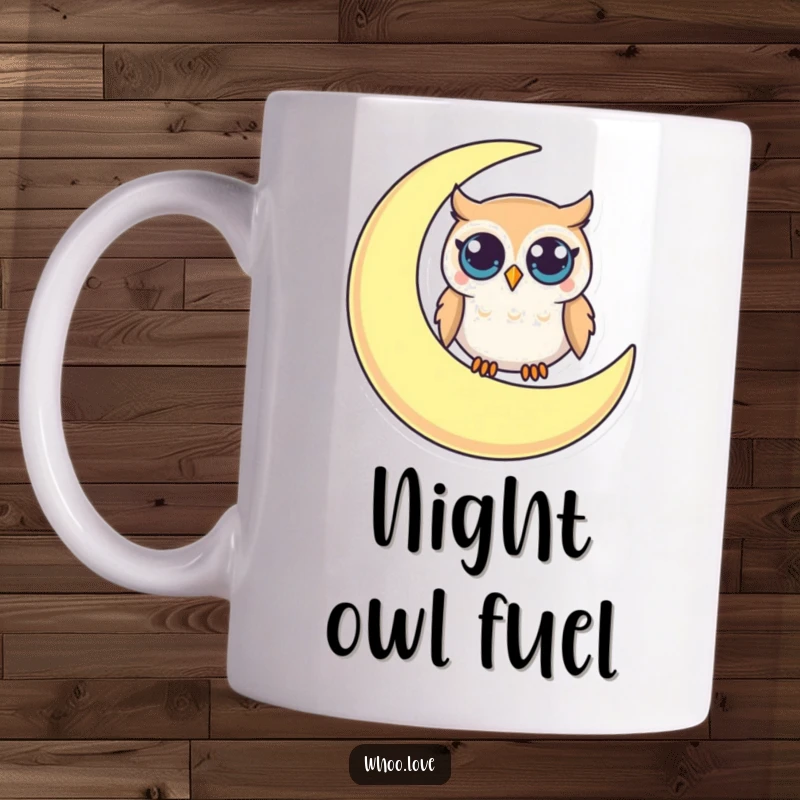 Funny mug featuring a small owl with big, curious eyes perched adorably on a crescent moon, radiating gentle humor.
