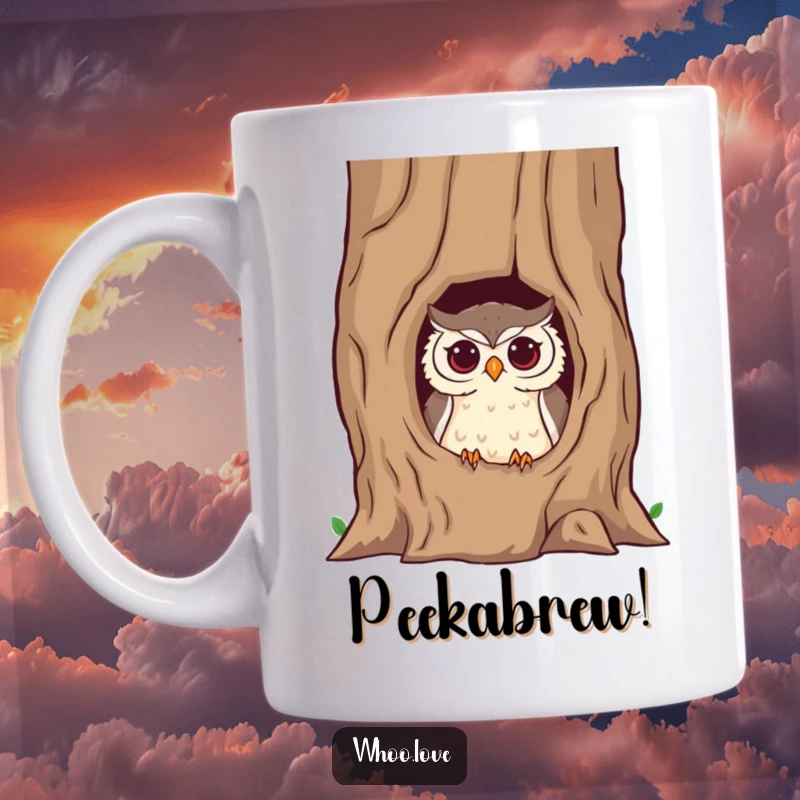 Funny owl mug featuring a mischievous owl character peeking slyly from a hollow tree trunk, with a playful glint in its eye.