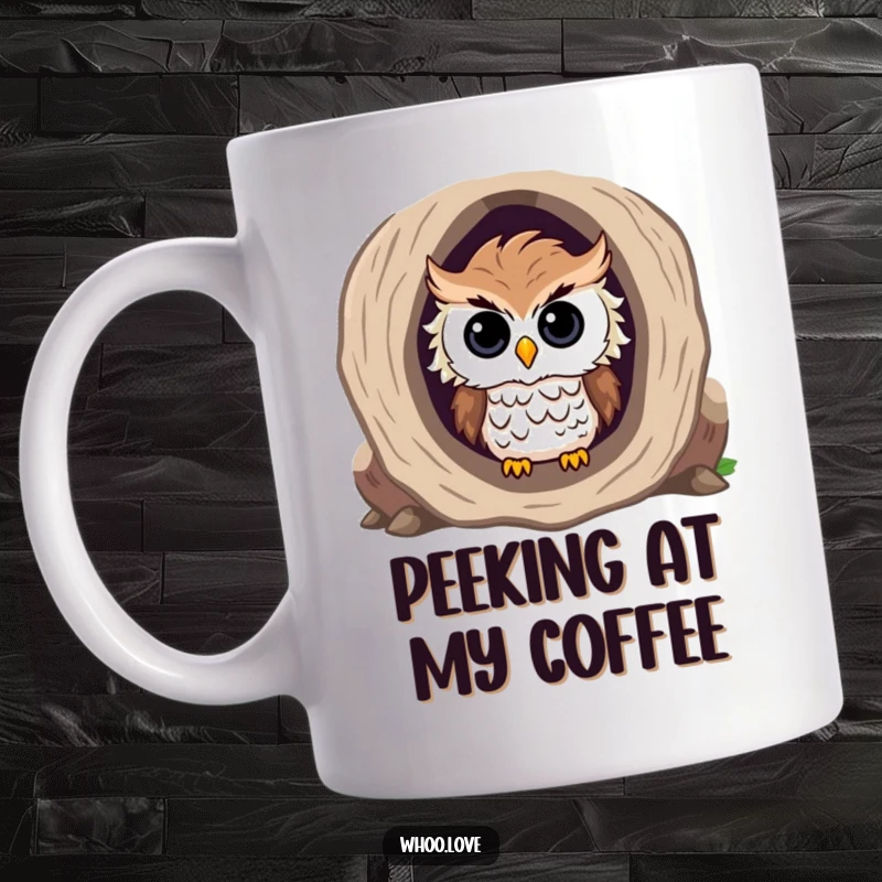 Funny mug featuring a curious owl with ruffled feathers peeking out from the entrance of a hollow log.