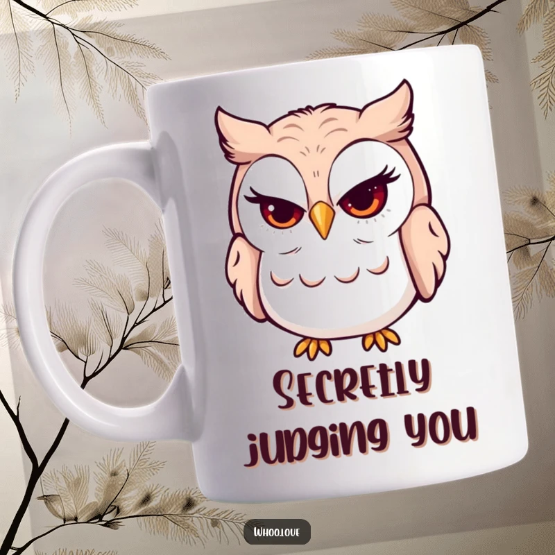 Funny winking owl mug showing an owl with a sly wink and a mischievous grin. Ideal for conveying playful secrets and humor.