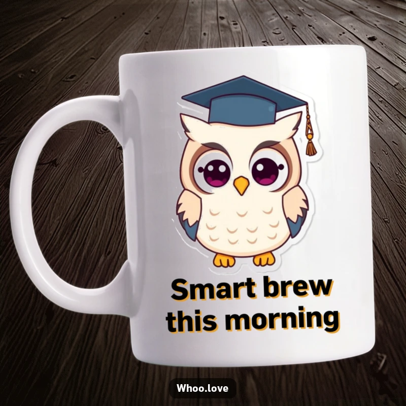 Funny graduation owl mug featuring a wise owl wearing a small graduation cap, celebrating academic success with humor and intelligence.