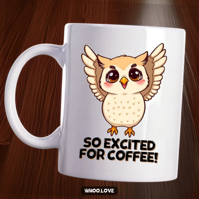 Funny flapping owl mug showing an owl energetically flapping its wings with excitement. Ideal for conveying joy and enthusiastic celebration.