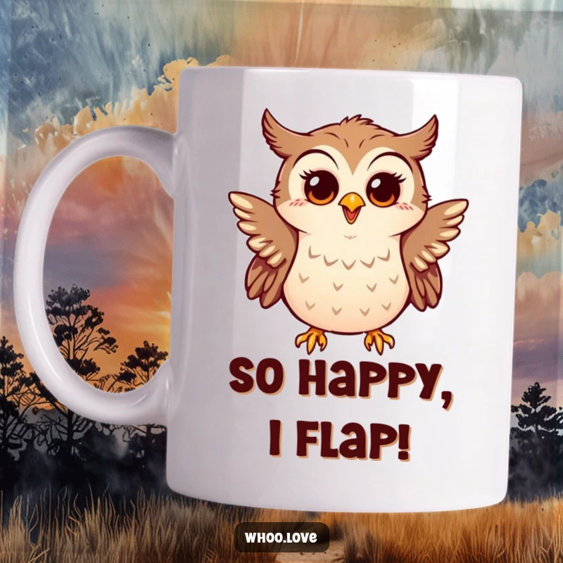 Funny mug showing a little owl enthusiastically flapping tiny wings, looking surprised and happy, filled with pure joy.