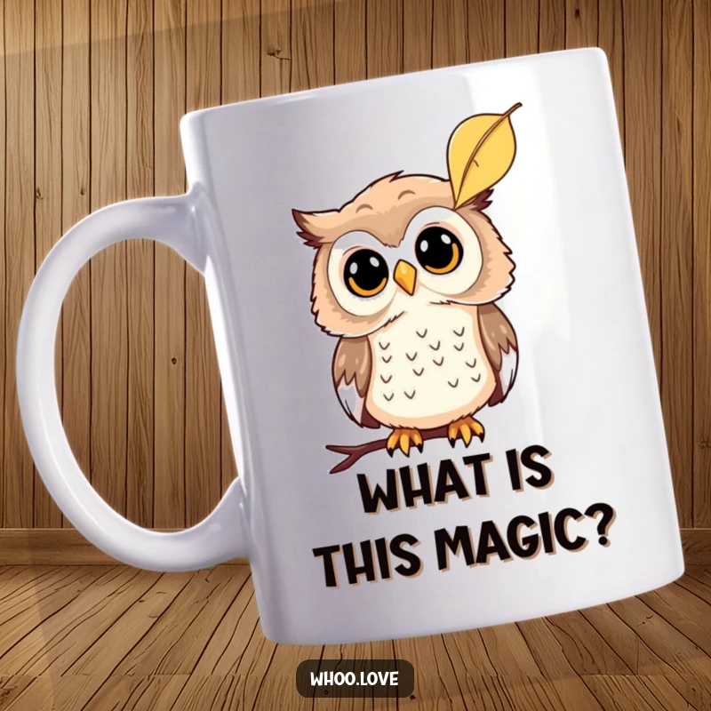 Funny mug showing a curious owl character tilting its head, observing a single falling leaf with intrigue, a funny gift.