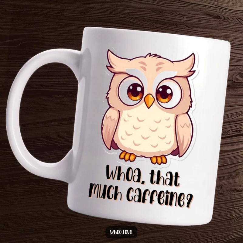 Funny surprised owl mug with wide eyes, capturing a moment of utter astonishment. Ideal for screen readers needing to visualize comical shock.