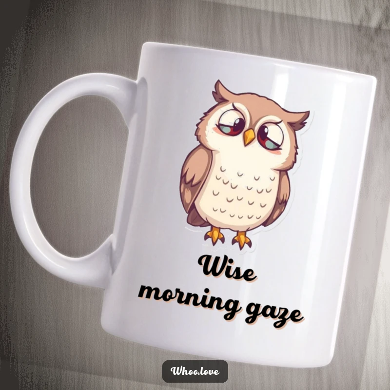 Funny Owl Curiosity Mug featuring a wise owl character looking down with wide, inquisitive eyes, inspiring thoughtful moments.