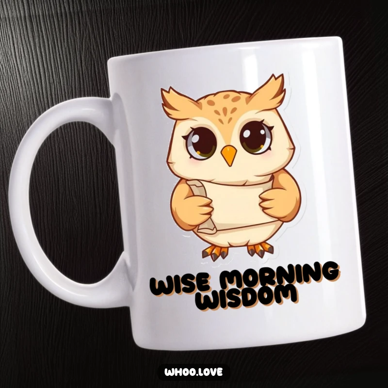 Funny mug depicting a studious owl character holding a scroll, looking wise and ready to share knowledge with a hint of humor.